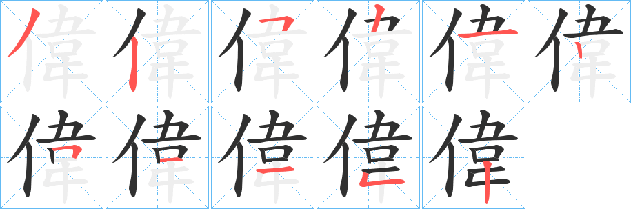 偉字笔画、笔顺、笔划 - 偉字怎么写?