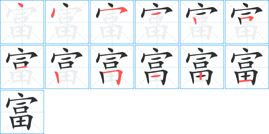富字笔画、笔顺、笔划 - 富字怎么写?