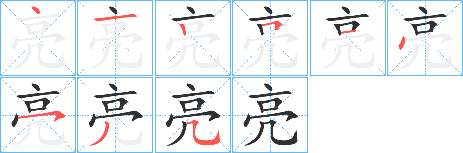 《亮》的笔顺分步演示（一笔一画写字）