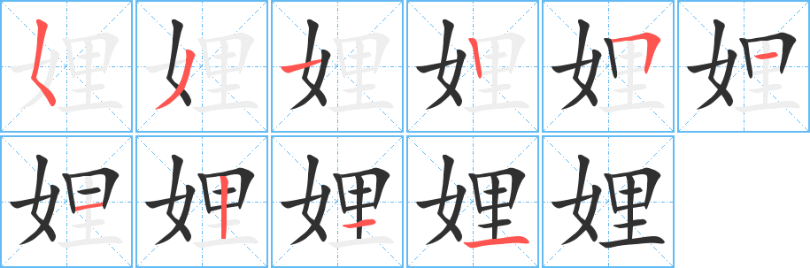 《娌》的笔顺分步演示（一笔一画写字）