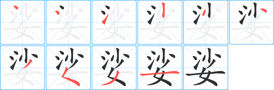 《娑》的笔顺分步演示（一笔一画写字）