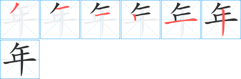 《年》的笔顺分步演示（一笔一画写字）