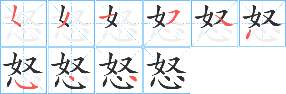 《怒》的笔顺分步演示（一笔一画写字）