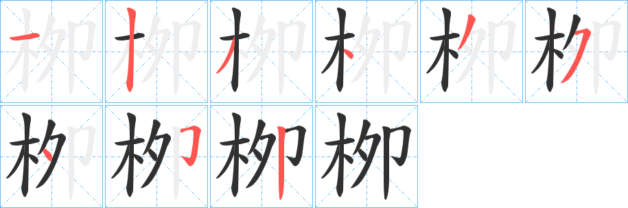 《栁》的笔顺分步演示（一笔一画写字）