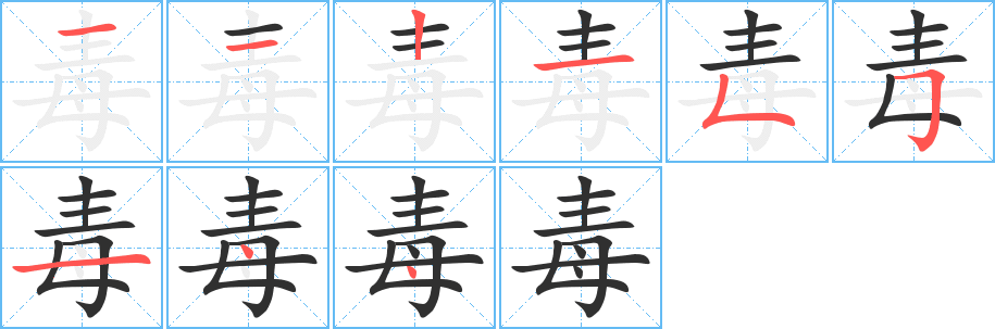 《毒》的笔顺分步演示（一笔一画写字）