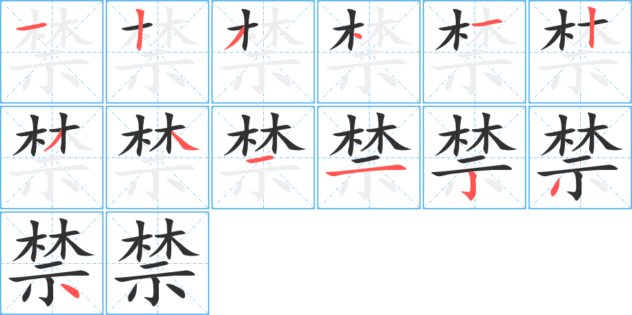 《禁》的笔顺分步演示（一笔一画写字）