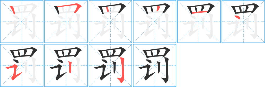 《罚》的笔顺分步演示（一笔一画写字）
