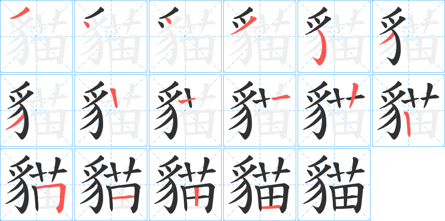 《貓》的笔顺分步演示（一笔一画写字）